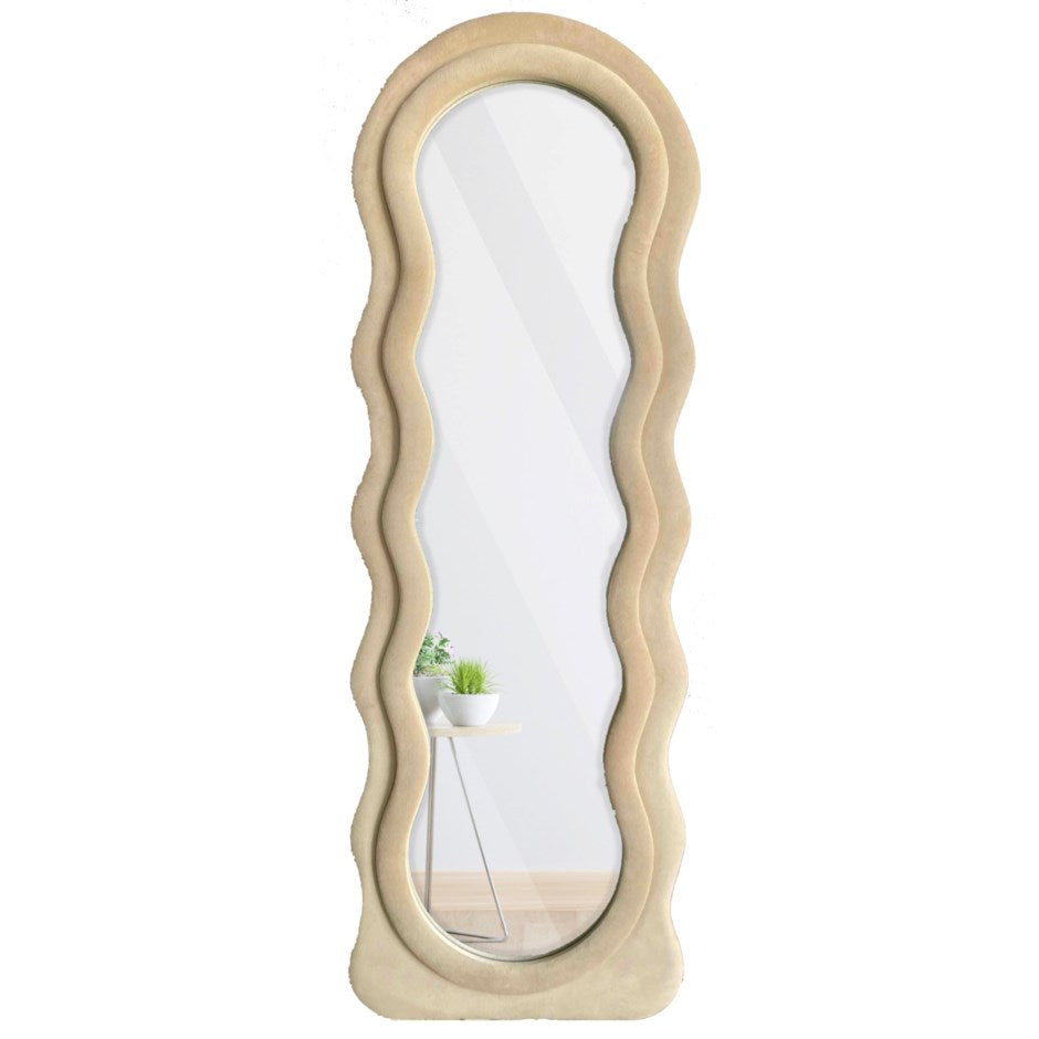 Standing Mirror With Velvet Frame Beige